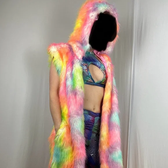 LONG Fur LED Glowing Light Up Coat Burning Man Rave Festival Rainbow Pastel EDC - Picture 13 of 16